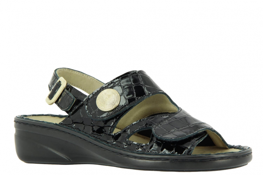 Damen Sandale mit Stretch und Klettversschluss in Lack schwarz